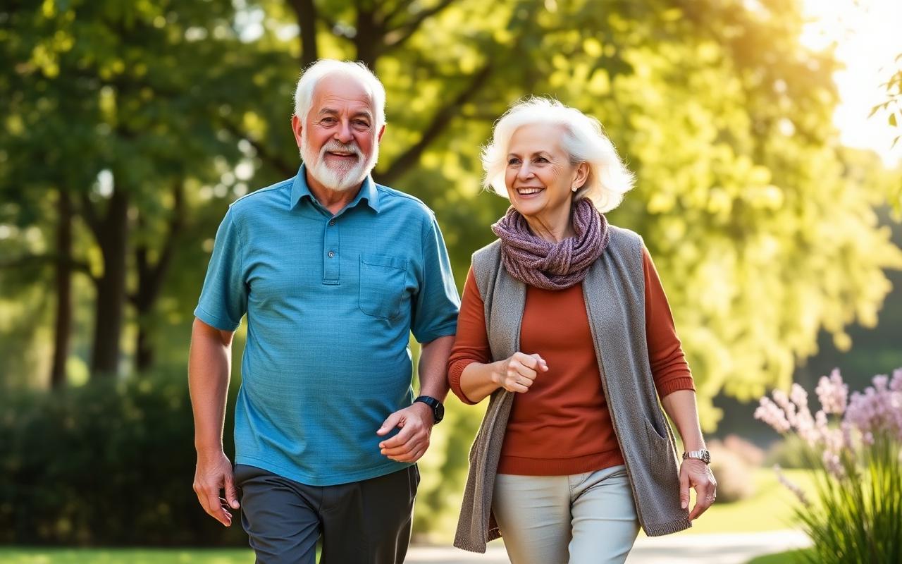 Active senior couple walking confidently in the park